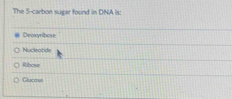 The 5 -carbon sugar found in DNA is:
Deoxyribose
Nucleotide
Ribose
Glucose