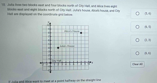 Julia lives two blocks east and four blocks north of City Hall, and Alice lives eight
blocks east and eight blocks north of City Hall. Julia's house, Alice's house, and City
Hall are displayed on the coordinate grid below.
(5,6)
(6,5)
(2,3)
(6,6)
Clear All
If Julia and Alice want to meet at a point halfway on the straight line