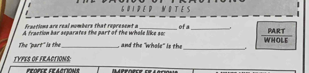 GUIDED NOTES 
Fractions are real numbers that represent a _ofa_ 
. 
A fraction bar separates the part of the whole like so: PART 
WHOLE 
The "part" is the_ , and the "whole" is the_ 
. 
TYPES OF FRACTIONS: 
BROPER FRACTIONS