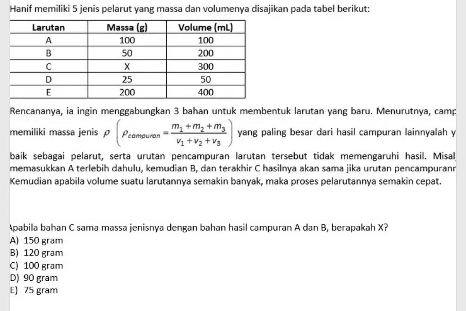 Hanif memiliki 5 jenis pelarut yang massa dan volumenya disajikan pada tabel berikut:
Rencananya, ia ingin menggabungkan 3 bahan untuk membentuk larutan yang baru. Menurutnya, camp
memiliki massa jenis rho (rho _campuran=frac m_1+m_2+m_3v_1+v_2+v_3) yang paling besar dari hasil campuran lainnyalah y
baik sebagai pelarut, serta urutan pencampuran larutan tersebut tidak memengaruhi hasil. Misal,
memasukkan A terlebih dahulu, kemudian B, dan terakhir C hasilnya akan sama jika urutan pencampurann
Kemudian apabila volume suatu larutannya semakin banyak, maka proses pelarutannya semakin cepat.
Apabila bahan C sama massa jenisnya dengan bahan hasil campuran A dan B, berapakah X?
A) 150 gram
B) 120 gram
C) 100 gram
D) 90 gram
E) 75 gram