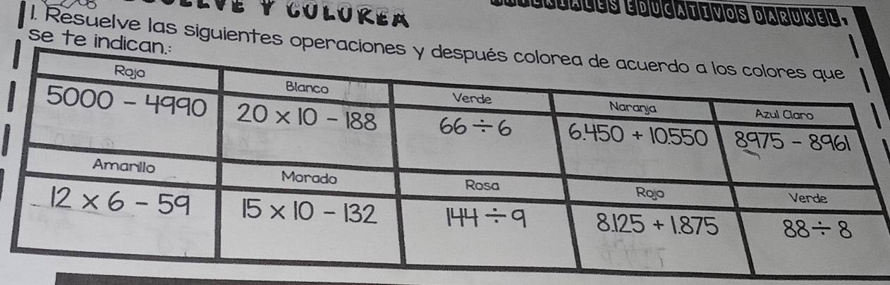 LVE y culuREA
Éiuriales éducativos darukel.
se te indica
I. Resuelve las siguientes operac