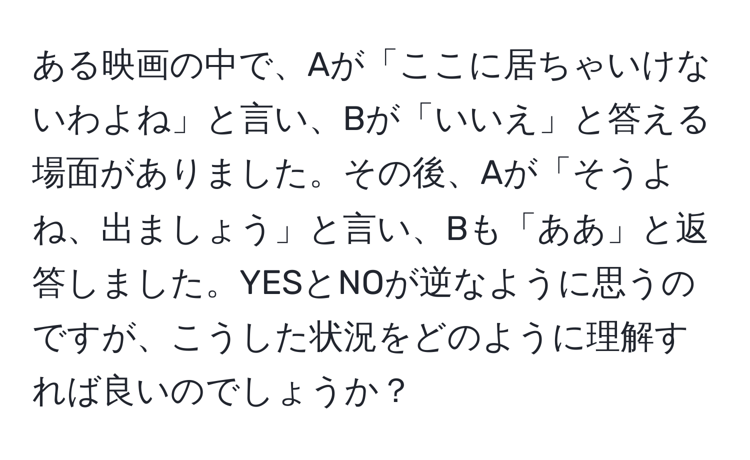 ある映画の中で、Aが「ここに居ちゃいけないわよね」と言い、Bが「いいえ」と答える場面がありました。その後、Aが「そうよね、出ましょう」と言い、Bも「ああ」と返答しました。YESとNOが逆なように思うのですが、こうした状況をどのように理解すれば良いのでしょうか？