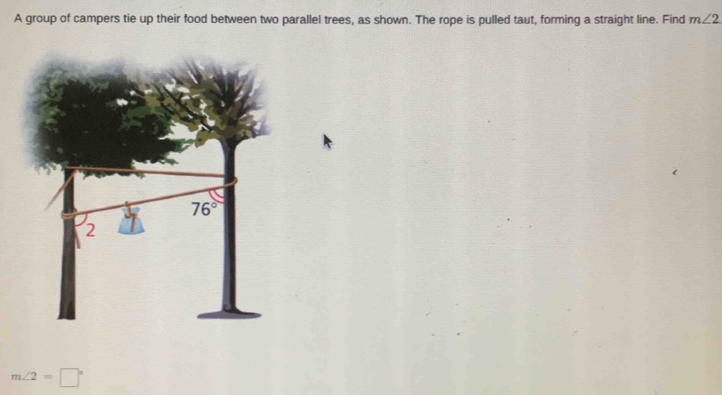 A group of campers tie up their food between two parallel trees, as shown. The rope is pulled taut, forming a straight line. Find m∠ 2