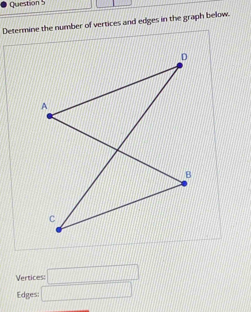 Determine the number of vertices and edges in the graph below. 
Vertices: □
Edges: □