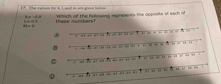 The values for k, l, and m are given below.
K=-0.8 Which of the following represents the opposite of each of
L=0.5 these numbers?
M=0
a 41 . a s -. 8 -0.7 -00 -43 -01 6 01 02 01 0.4 0.5 05 07 os 1
B
C
D