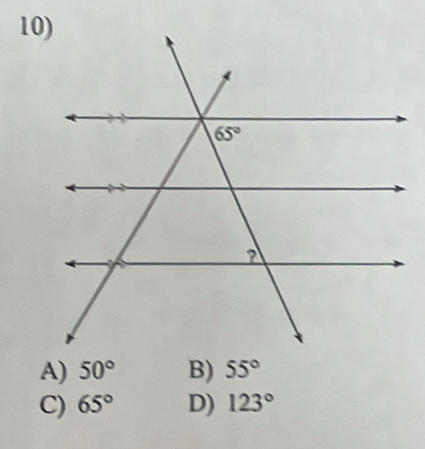 A) 50° B) 55°
C) 65° D) 123°