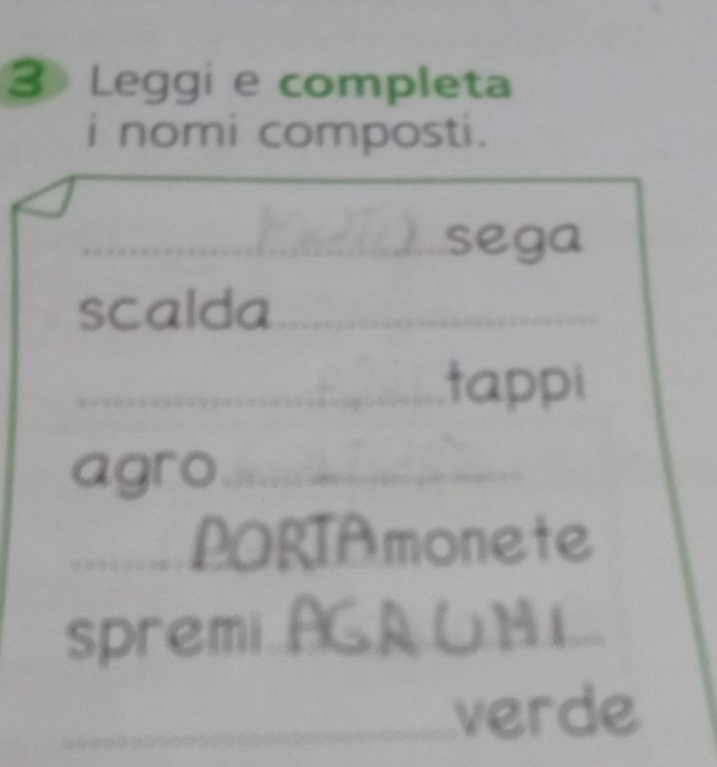 Leggi e completa 
i nomi composti. 
sega 
scalda 
_ 
tappi 
agro 
PORTA monete 
spremi_ 
__ 
verde