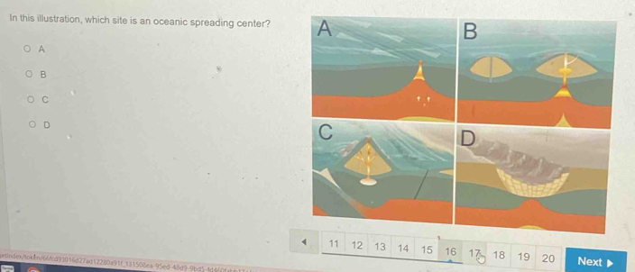 In this illustration, which site is an oceanic spreading center? 
A 
B 
C 
D
11 12 13 14 15 16 17 18 19 20 Next 
gesindex/tok8n/66fcd93016d27ad12280e91f_131508ea-95ed-48d9-9bd5-4d45