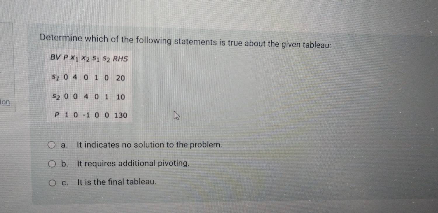 Determine which of the following statements is true about the given tableau:
ion
a. It indicates no solution to the problem.
b. It requires additional pivoting.
c. It is the final tableau.