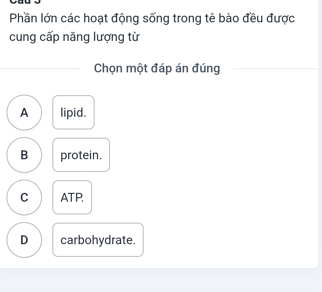 Phần lớn các hoạt động sống trong tê bào đều được
cung cấp năng lượng từ
Chọn một đáp án đúng
A lipid.
B protein.
C ATP.
D carbohydrate.