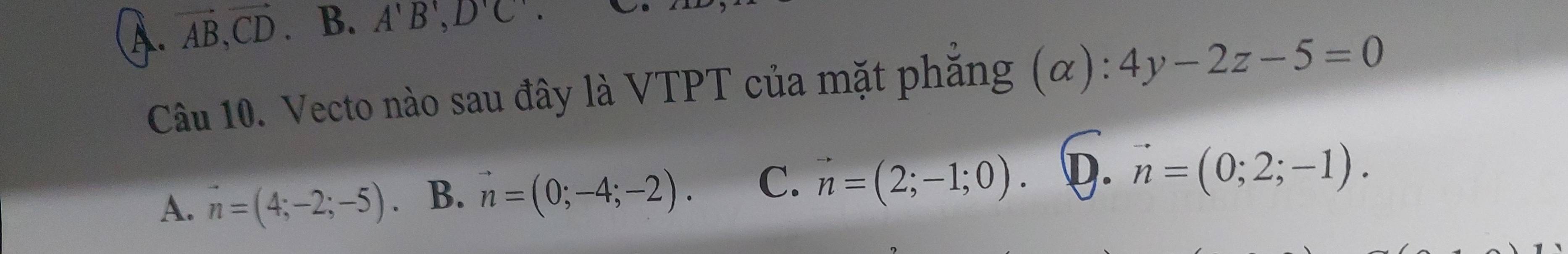 A vector AB, vector CD. B. A'B', D'C'. 
Câu 10. Vecto nào sau đây là VTPT của mặt phẳng (α): 4y-2z-5=0
A. vector n=(4;-2;-5). B. vector n=(0;-4;-2). C. vector n=(2;-1;0). Q. vector n=(0;2;-1).