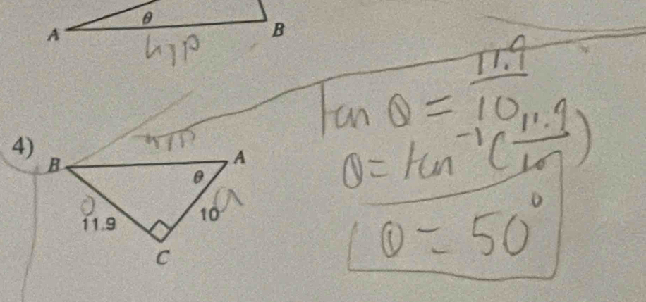 wTn
tan θ = (11.9)/10. 
O 
a
θ =tan^(-1)( (11.9)/10 )
θ =50°