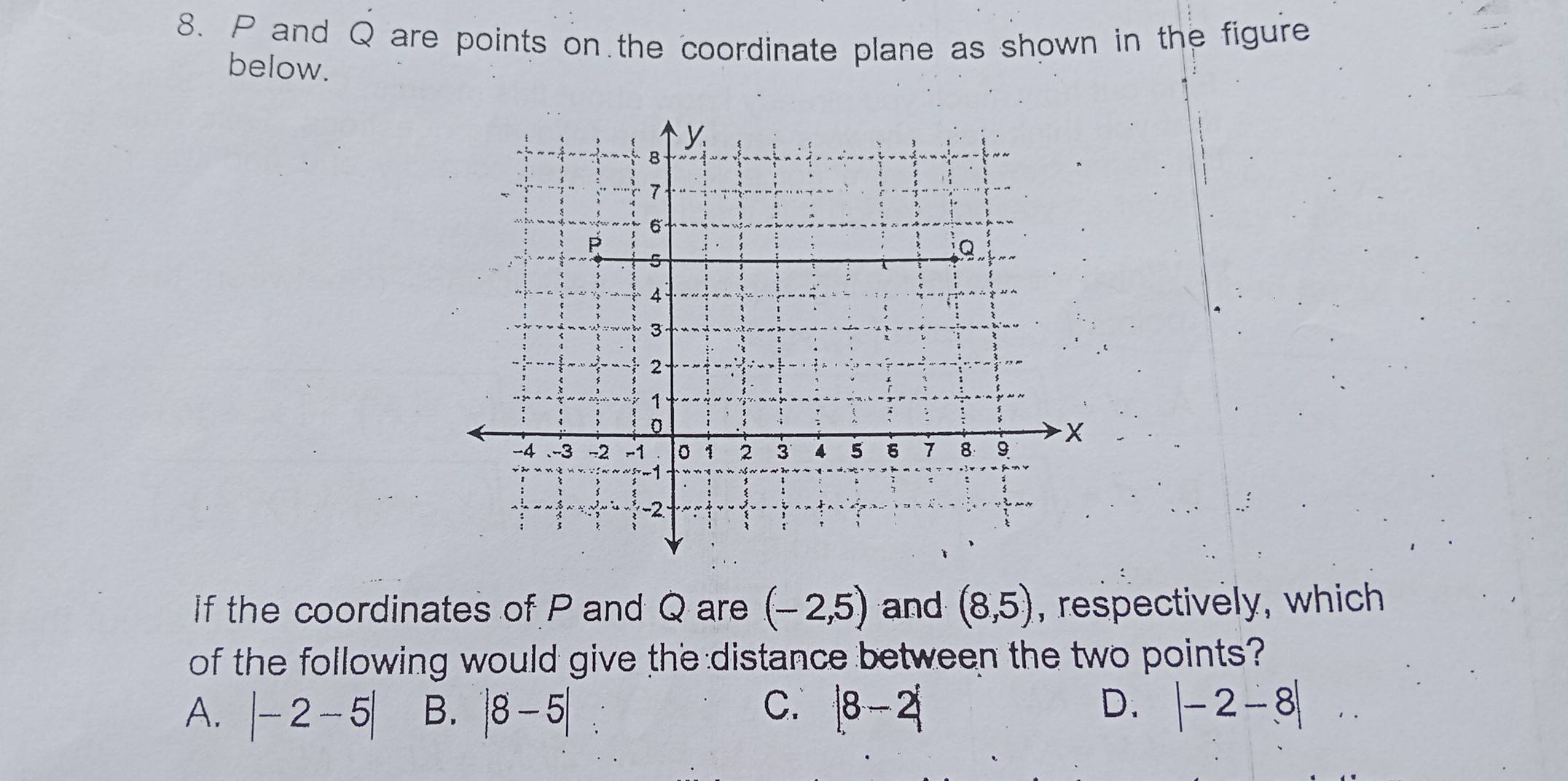 P and Q are points on the coordinate plane as shown in the figure
below.
If the coordinates of P and Q are (-2,5) and (8,5) , respectively, which
of the following would give the distance between the two points?
C.
D.
A. |-2-5| B. |8-5| |8-2| |-2-8|