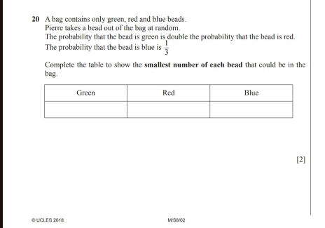 A bag contains only green, red and blue beads. 
Pierre takes a bead out of the bag at random. 
The probability that the bead is green is double the probability that the bead is red. 
The probability that the bead is blue is  1/3 
Complete the table to show the smallest number of each bead that could be in the 
bag. 
[2] 
©UCLES 2018 M/S8/02