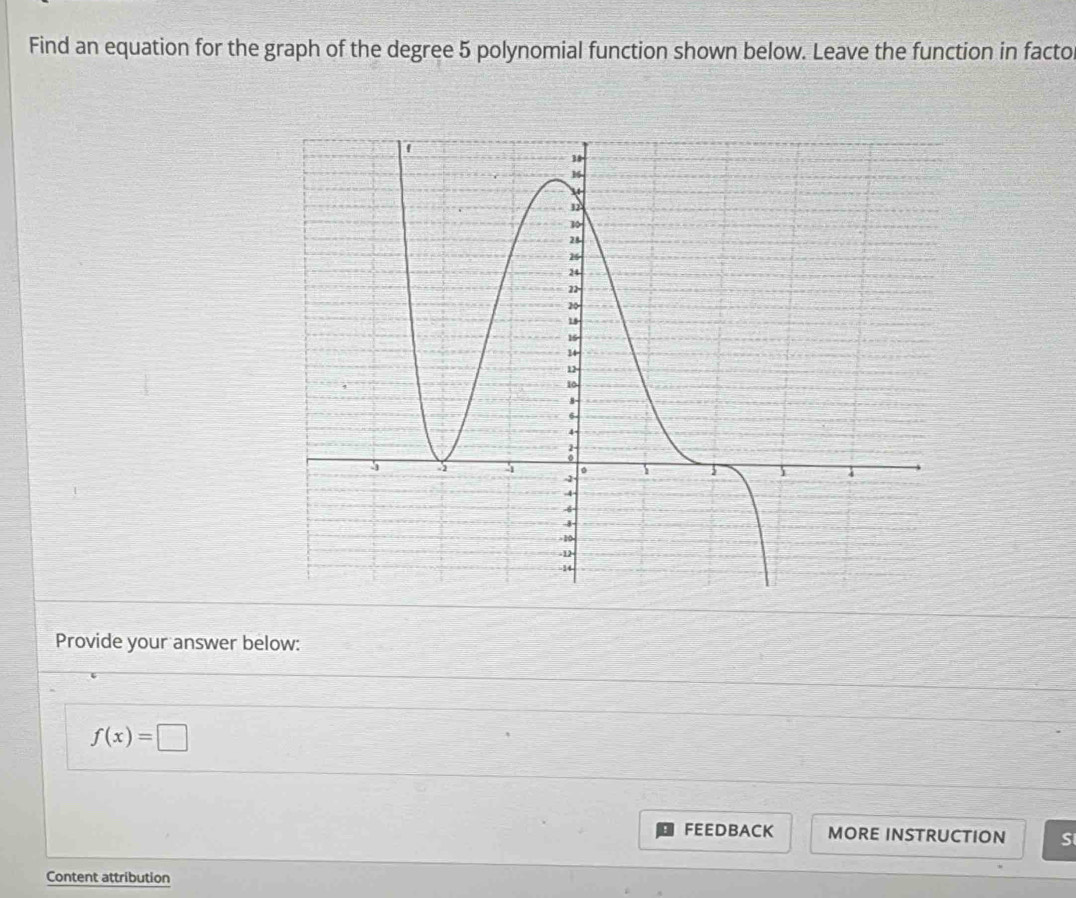 Find an equation for the graph of the degree 5 polynomial function shown below. Leave the function in facto 
Provide your answer below:
f(x)=□
FEEDBACK MORE INSTRUCTION S 
Content attribution