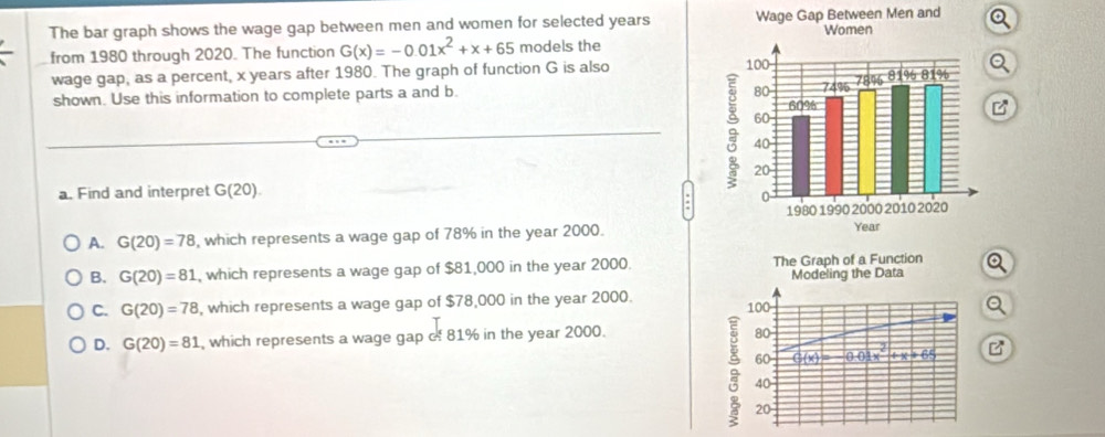 The bar graph shows the wage gap between men and women for selected years Wage Gap Between Men and 
from 1980 through 2020. The function G(x)=-0.01x^2+x+65 models the
wage gap, as a percent, x years after 1980. The graph of function G is also Q
shown. Use this information to complete parts a and b. 
B
a. Find and interpret G(20).
A. G(20)=78 , which represents a wage gap of 78% in the year 2000.
B. G(20)=81 , which represents a wage gap of $81,000 in the year 2000. The Graph of a Function a
Modeling the Data
C. G(20)=78 , which represents a wage gap of $78,000 in the year 2000. 100
Q
D. G(20)=81 , which represents a wage gap of 81% in the year 2000.
80
60 G(x)=-0.01x^2+x+65 B
40
20