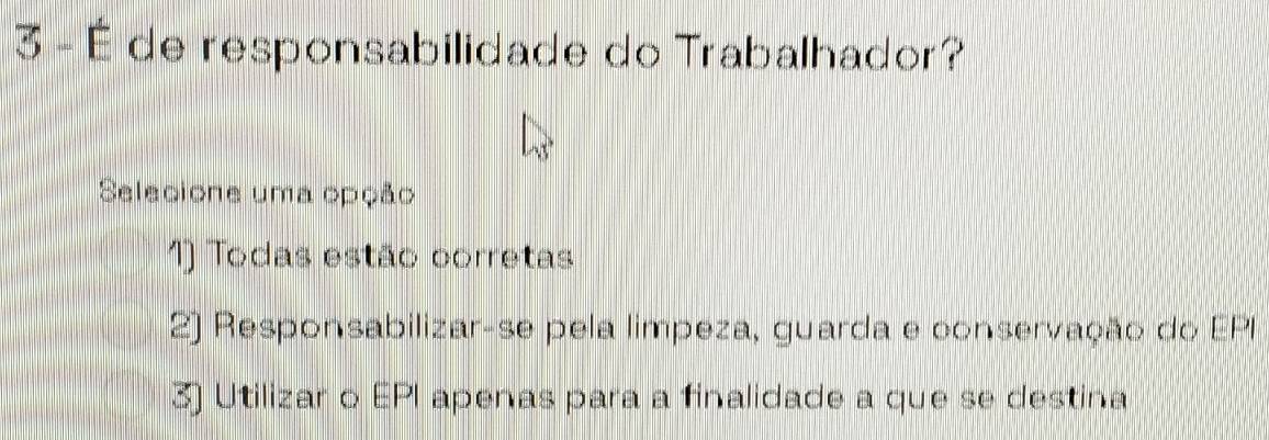 3 - É de responsabilidade do Trabalhador?
Selecione uma opção
1) Todas estão corretas
2) Responsabilizar-se pela limpeza, guarda e conservação do EPI
3) Utilizar o EPI apenas para a finalidade a que se destina