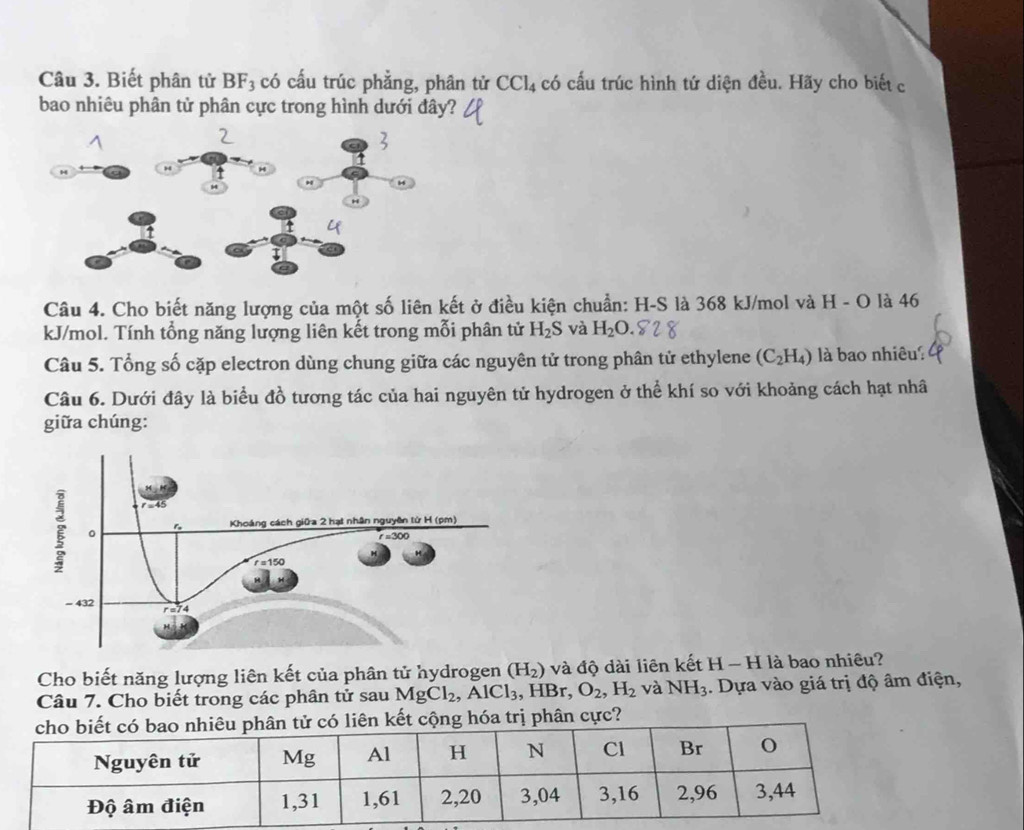 Biết phân tử BF_3 có cấu trúc phẳng, phân tử CCl_4 có cấu trúc hình tứ diện đều. Hãy cho biết c 
bao nhiêu phân tử phân cực trong hình dưới đây? 
Câu 4. Cho biết năng lượng của một số liên kết ở điều kiện chuẩn: H-S là 368 kJ/mol và H - O là 46
kJ/mol. Tính tổng năng lượng liên kết trong mỗi phân tử H_2S và H_2O. 
Câu 5. Tổng số cặp electron dùng chung giữa các nguyên tử trong phân tử ethylene (C_2H_4) là bao nhiêu: 
Câu 6. Dưới đây là biểu đồ tương tác của hai nguyên tử hydrogen ở thể khí so với khoảng cách hạt nhâ 
giữa chúng: 
Cho biết năng lượng liên kết của phân tử hydrogen (H_2) và độ dài liên kết H-H là bao nhiêu? 
Câu 7. Cho biết trong các phân tử sau MgCl_2, AlCl_3, HBr, O_2, H_2 và NH_3 :. Dựa vào giá trị độ âm điện, 
liên kết cộng hóa trị phân cực?