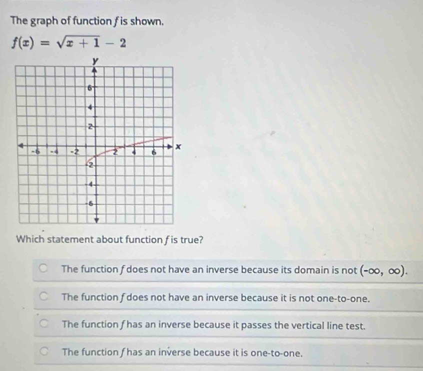 The graph of function f is shown.
f(x)=sqrt(x+1)-2
Which statement about function f is true?
The function f does not have an inverse because its domain is not (-∈fty ,∈fty ).
The function f does not have an inverse because it is not one-to-one.
The function f has an inverse because it passes the vertical line test.
The function f has an inverse because it is one-to-one.