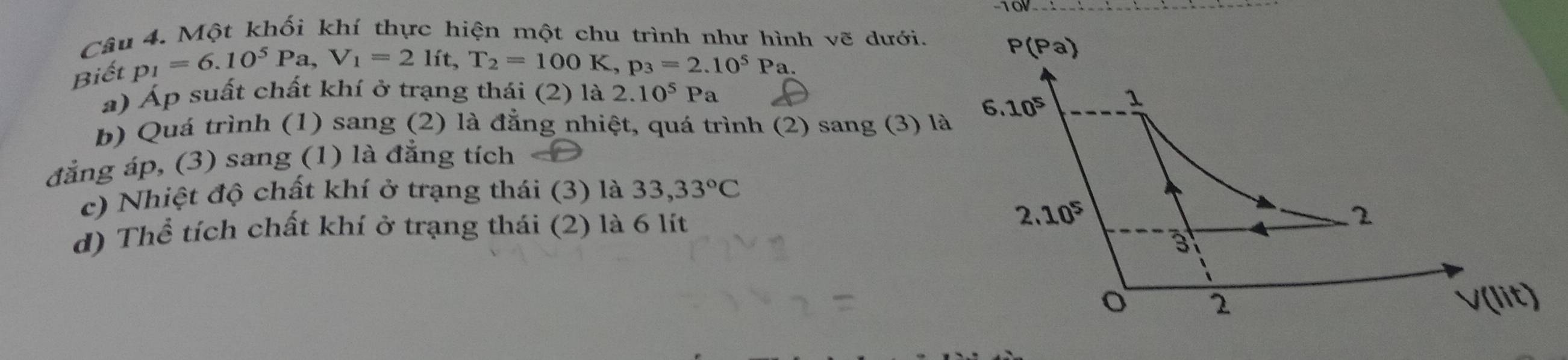 Một khối khí thực hiện một chu trình như hình vẽ dưới. 
Biết p_1=6.10^5Pa. V_1=2lit
T_2=100K, p_3=2.10^5Pa.
P(Pa)
a) Áp suất chất khí ở trạng thái (2) là 2.10^5 Pa 1 
6.10^5
b) Quá trình (1) sang (2) là đẳng nhiệt, quá trình (2) sang (3) là 
đẳng áp, (3) sang (1) là đẳng tích 
c) Nhiệt độ chất khí ở trạng thái (3) là 33,33°C
d) Thể tích chất khí ở trạng thái (2) là 6 lít 2.10^5
2 
3 
o 2 V(lit)