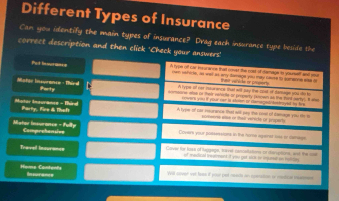 Different Types of Insurance 
Can you identify the main types of insurance? Drag each insurance type beside the 
correct description and then click ‘Check your answers' 
A type of car insurance that cover the cost of damage to yourself and yout 
Pet Insurance own vehicle, as well as any damage you may cause to someone else or 
their vehicle or property. 
A type of car insurance that will pay the cost of damage you do to 
Motor Insurance - Third someone else or their vehicle or property (known as the third party). It also 
Party covers you if your car is stolen or damagedidestroyed by fire 
Motor Insurance - Third A type of car insurance that will pay the cost of damage you do to 
Party, Fire & Theft someone else or their vehicle or property. 
Comprehensive 
Mator Insurance - Fully Covers your possessions in the home against loss or damage. 
Cover for loss of luggage, travel cancellations or disruptions; and the cast 
Travel Insurance of medical treatment if you get sick or injured on holiday . 
Home Contents Will cover vet fees if your pet needs an operation or medical treatment 
Insurance