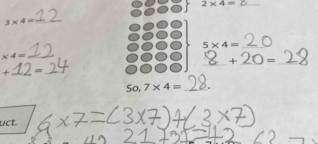 2* 4= _
3* 4= _ 
_ 5* 4=
* 4= _ 
+ 
+ _ = = ___=_ 
So, 7* 4= _. 
uct.