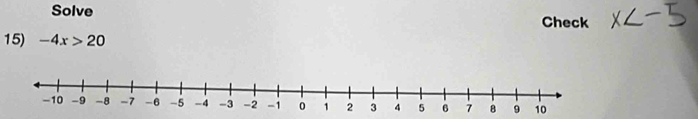 Solve 
Check 
15) -4x>20