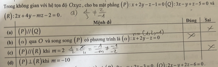 Trong không gian với hệ tọa độ Oxyz , cho ba mặt phẳng (P): x+2y-z-1=0 1 ):3x-y+z-5=0 và