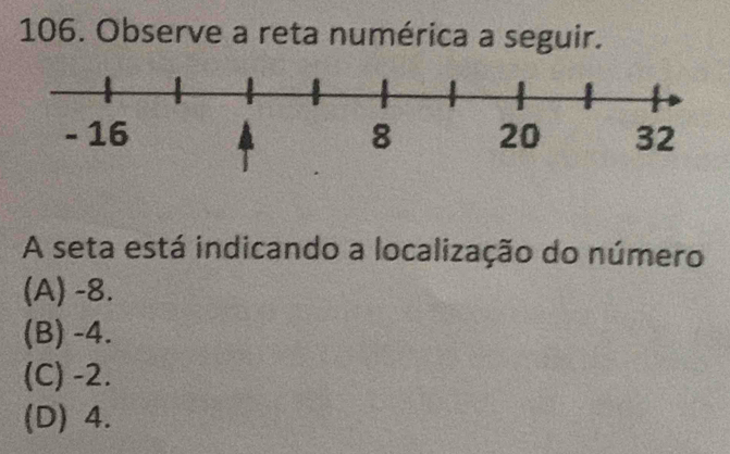 Observe a reta numérica a seguir.
A seta está indicando a localização do número
(A) -8.
(B) -4.
(C) -2.
(D) 4.