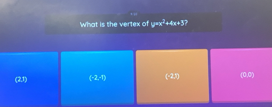 What is the vertex of y=x^2+4x+3 ?
(2,1)
(-2,-1) (-2,1) (0,0)