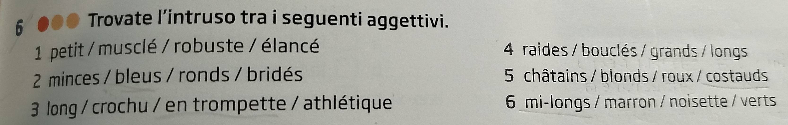 Trovate l’intruso tra i seguenti aggettivi. 
1 petit / musclé / robuste / élancé 4 raides / bouclés / grands / longs 
2 minces / bleus / ronds / bridés 5 châtains / blonds / roux / costauds 
3 long / crochu / en trompette / athlétique 6 mi-longs / marron / noisette / verts