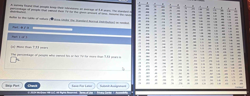 A
A
4
00 000 2y ' A A 4 '
A survey found that people keep their televisions an average of 5.4 years. The standard d .004 .26 ,103 .099 .50 ,192 27 1.00 34 1.25 394 1.50
01 .51
.008
distributed. .04 .016 .02 .012 .28 .106 .110 .52 .199 .76 .776 .279 1 02 1.0 346 1 7 .396 .394 151 1.52 435 411 4]6
percentage of people that owned their TV for the given amount of time. Assume the randd .03 .27 .195 .71 .79 .285 1.04 .344 151 1.54
.77 12
.53 .” .282 ,349
3 .114 1.04
.05 .020 .30 .351 1.29 1.28 417
Refer to the table of values (†Area Under the Standard Normal Distribution) as needed. .06 .024 31 .118 3, .34 .205 .209 .80 .288 1.05 1.06 .355 1.31 402 .405 1.56 441
35 1.30 40
Part: 0 / 3 .07 .028 .32 .126 .122 .57 .56 .212 .216 .81 291 294 1.07 .358 1.32 .4(07 1.55 479
.08 .032 .33 .129 .58 .219 83 l os 157
.09 .036
Part 1 of 3 .10 .()-4() .34 .35 .133 .59 72 226 .84 .85 .291 300 1.09 L 10 360 1.35 ACB .410 (8 443 .443 444
363 1.34
“s
.137 60 .302 413 1.65
.11 .044 .36 .141 .61 .229 .86 .305 1.11 .364 .367 1.35 1.36 412 L60 446
.37 . |-4-4 62 .232 .87 .308 1 12 .369 371 415 162
.12 .048 .052 236 33
(a) More than 7.53 years ,14 .13 .060 .056 ,38 39 .148 63 .64 .239 .89 .313 1.13 371 1.37 1.38 416 1.63 Aa9 447
.311
.15 114 1.39 .418 164 165 .450
.152 316 .375 1.40 419
.65
The percentage of people who owned his or her TV for more than 7.53 years is .16 _064 ,40 .41 .155 ,159 66 .245 .242 .90 .91 .319 1.16 1.15 1.17 .377 141 .421 1.66 .451 452
%. ,17 .068 .42 .163 .67 .249 .92 .321 ,379 1.42 .424 42 1.67 t 6a 453 454
.18 .071 .43 .166 .68 .252 93 .324 1.18 .381 1.43 169 . 45q
.19 _075 .44 .170 .69 .255 .94 .326 1.19 .383 1.44 .425
.20 .079 .45 .174 ,70 .258 
.21 .083 .46 .177 .71 .261 .329 1.20 ,385 1.45 .423 1.70 A55
.478
.22 .087 .47 .181 .72 .264 97 .96 .334 .332 1.21 1.22 ,387 .389 1.46 1.47 .429 1.71 1.72 A56 .457
.23 .091 48 .184 .267 .98 ,337 1.23 ,391 1.48 1.73 458
.24
.459
Skip Part Check Save For Later Submit Assignment .095 .49 .188 ,73 ,74 .270 99 ,339 1.24 393 149 .431 432 L74 Continued
0 2024 McGraw Hill LLC, All Rights Reserved. Terms of Use 1 Privacy Center 1