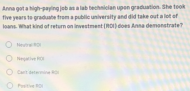 Anna got a high-paying job as a lab technician upon graduation. She took
five years to graduate from a public university and did take out a lot of
loans. What kind of return on investment (ROI) does Anna demonstrate?
Neutral ROI
Negative ROI
Can't determine ROI
Positive ROI