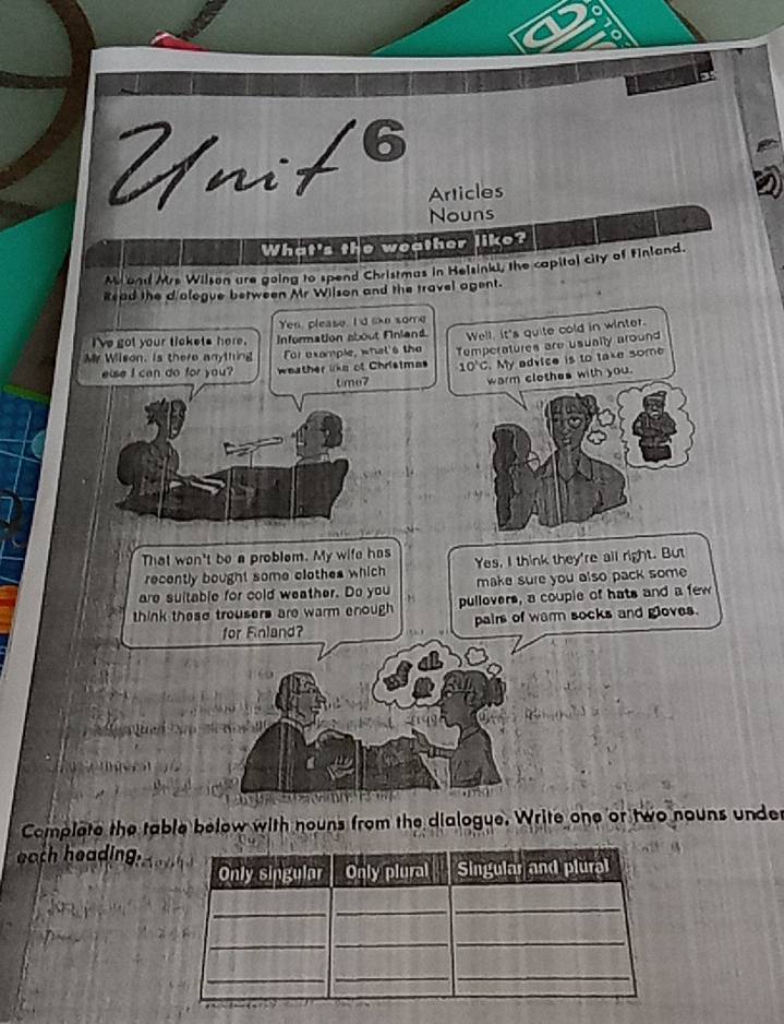 Unif6 Articles 
Nouns 
What's the weather like? 
A anf Mrs Wilsen ure going to spend Christmas in Helsinki, the capital city of Finland. 
Read the dialogue between Mr Wilson and the travel agent. 
Yen, please. I'd ske some 
I've got your tickets here. Information about Finland Well, it's quite cold in winter. 
Mr Wilson. Is there anything For example, what's the Temperatures are usually around 
else I can do for you? weather like of Chrisimas 10°C. My advice is to take some 
t/mo7 warm clethes with you. 
That won't be a problem. My wife has Yes, I think they're all right. But 
recently bought some clothes which 
are suitable for cold weather. Do you make sure you also pack some 
think these trousers are warm enough pullovers, a couple of hats and a few 
for Finland? pairs of warm socks and gloves. 
Complete the table below with nouns from the dialogue. Write one or two nouns under 
each heading.