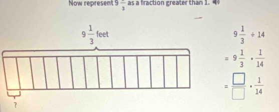 Now represent 9frac 3 as a fraction greater than 1.
9 1/3 / 14
=9 1/3 ·  1/14 
= □ /□  ·  1/14 