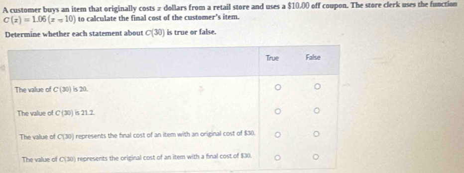 A customer buys an item that originally costs ± dollars from a retail store and uses a $10,00 off coupon. The store clerk uses the function
C(x)=1.06(x-10) to calculate the final cost of the customer's item.
Determine whether each statement about C(30) is true or false.