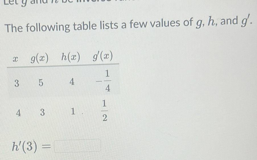 Lety
The following table lists a few values of g, h, and g'.
h'(3)=□