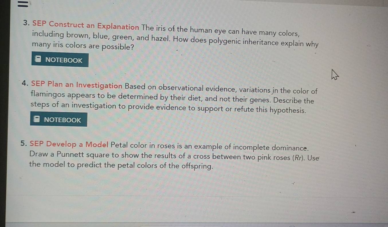 = 
3. SEP Construct an Explanation The iris of the human eye can have many colors, 
including brown, blue, green, and hazel. How does polygenic inheritance explain why 
many iris colors are possible? 
NOTEBOOK 
4. SEP Plan an Investigation Based on observational evidence, variations jn the color of 
flamingos appears to be determined by their diet, and not their genes. Describe the 
steps of an investigation to provide evidence to support or refute this hypothesis. 
NOTEBOOK 
5. SEP Develop a Model Petal color in roses is an example of incomplete dominance. 
Draw a Punnett square to show the results of a cross between two pink roses (Rr). Use 
the model to predict the petal colors of the offspring.