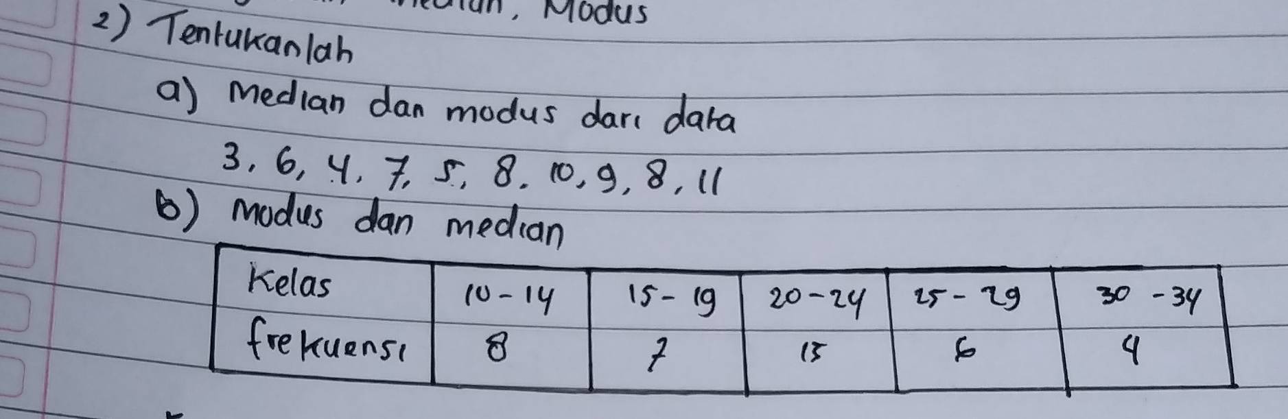 rran, Modus 
2) Tentukanlah 
a) median dan modus dar dara
3. 6, 4, 7, 5, 8. 10, 9, 8, 11
() modus da