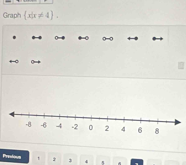 Graph  x|x!= 4. 
0 -0
o 。 
U 
Previous 1 2 3 4 5 6