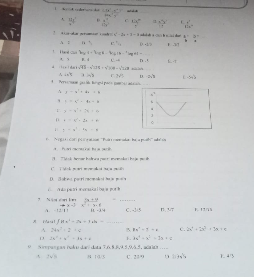 Bentuk sederhana dari frac (7x^3y^(-4))^484x^(-7)y^(-1) adalah
A.  12x^3/x^(10) 
B  x^(18)/12y^3  C.  12x^(10)/y^3  D.  x^(10)y^3/12  E  y^3/12x^(10) 
2 Akar-akar persamaan kuadrat x^2-2x+3=0 adalah a dan b nilai dari a+b= _
b a
A. 2 B. /, C. ² /, D. -2/3 E. -3/2
3. Hasil dari^2log 4+^2log 8-^2log 16-^2log 64= _
A. 5 B. 4 C. -4 D. -5 E. -7
4 Hasil dari sqrt(45)-sqrt(125)+sqrt(180)-sqrt(120) adalah
A. 4sqrt(5) B. 3sqrt(5) C. 2sqrt(5) D. -2sqrt(5) E. -5sqrt(5)
5 Persamaan grafik fungsi pada gambar adalah………_
A. y=x^2+4x+6
B. y=x^2-4x+6
C. y=x^2+2x+6
D. y=x^2-2x+6
E y=x^2-5x+6
6. Negasi dari pernyataan “Putri memakai baju putih” adalah
A. Putri memakai baju putih
B. Tidak benar bahwa putri memakai baju putih
C. Tidak putri memakai baju putih
D. Bahwa putri memakai baju putih
E Ada putri memakai baju putih
_ -
7. Nilai dari lim x-3x^(frac 3x+9)2 x^2+x-6
A. -12/11 B. -3/4 C. -3/5 D. 3/7 E. 12/13
8 Hasil ∈t 8x^3+2x+3dx= _
A. 24x^2+2+c B. 8x^2+2+c C. 2x^4+2x^2+3x+c
D 2x^4+x^2+3x+c
E. 3x^4+x^2+3x+c
Simpangan baku dari data 7,6.8,8,9,5,9,6,5, adalah …..
A. 2sqrt(5) B. 10/3 C. 20/9 D. 2/3sqrt(5) E. 4/3