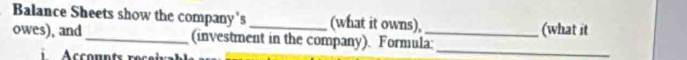 Balance Sheets show the company's _(what it owns), (what it 
owes), and_ (investment in the company). Formula: 
_