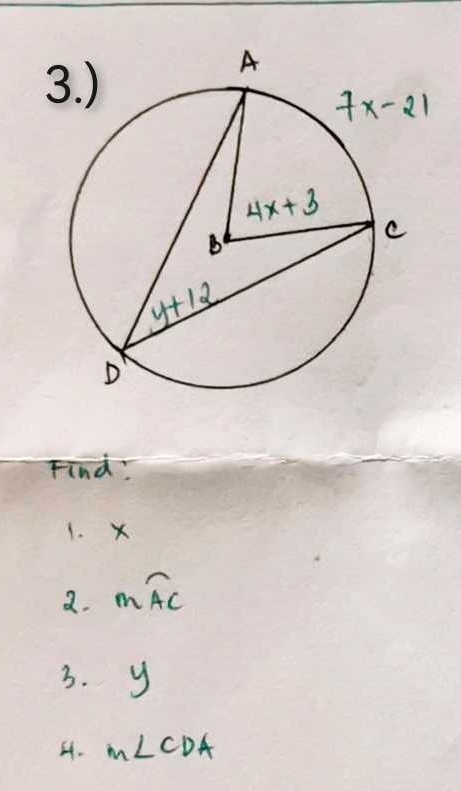 Find!
1. X
a. moverline AC
3. y
44. m∠ CDA