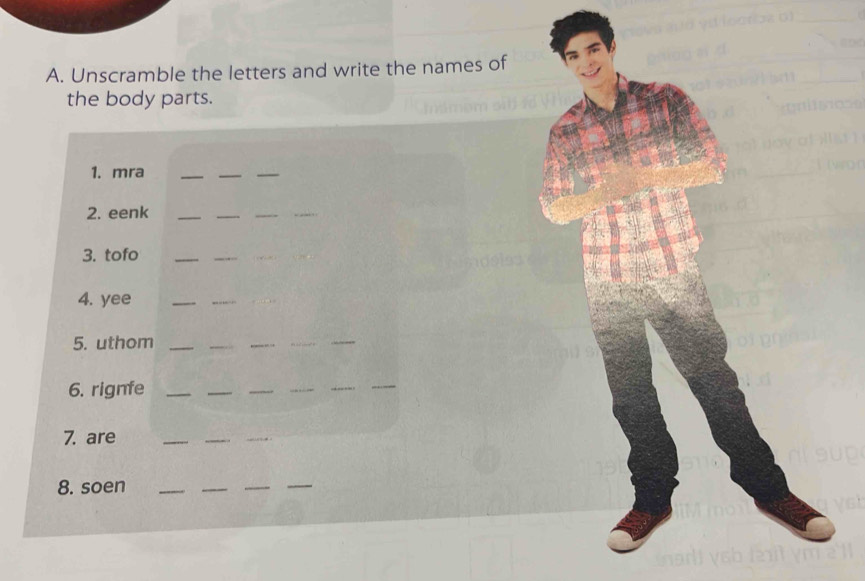 Unscramble the letters and write the names of 
the body parts. 
1. mra 
_ 
_ 
_ 
2. eenk_ 
_ 
_ 
_ 
__ 
3. tofo 
4. yee 
_ 
__ 
5. uthom_ 
_ 
_ 
__ 
6. rignfe_ 
_ 
_ 
__ 
_ 
7. are 
_ 
__ 
8. soen_ 
__ 
_