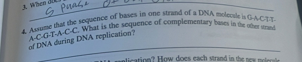 When do 
4. Assume that the sequence of bases in one strand of a DNA molecule is G-A-C-T-T- 
A-C-G-T-A-C-C. What is the sequence of complementary bases in the other strand 
_ 
of DNA during DNA replication? 
plication? How does each strand in the new molsculs