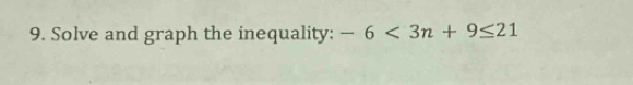 Solve and graph the inequality: -6<3n+9≤ 21