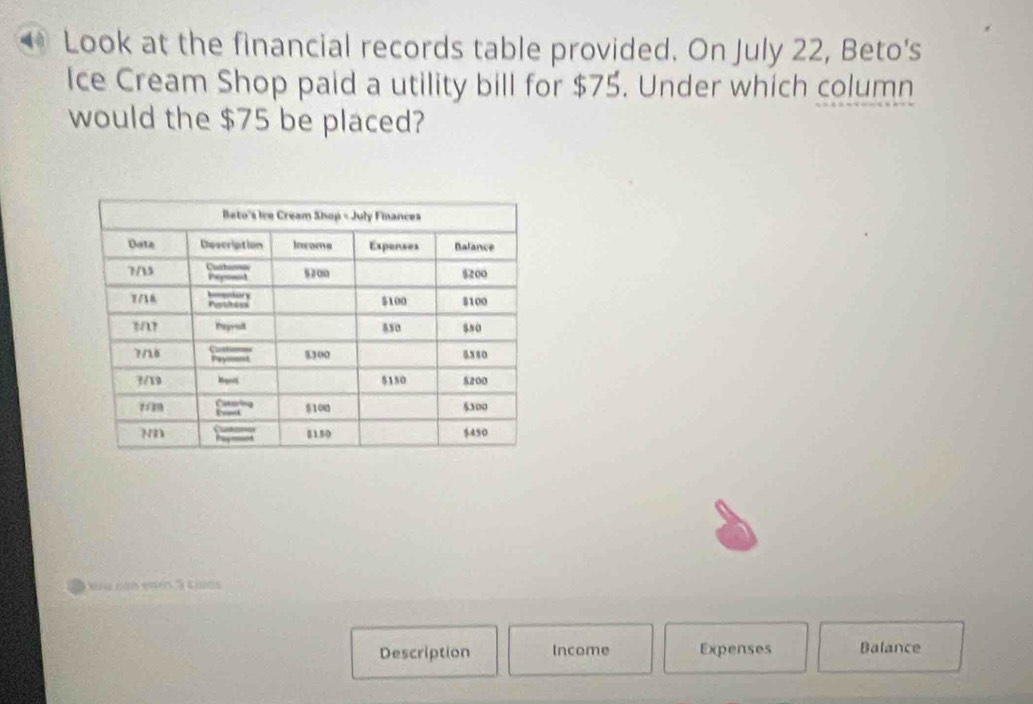 Look at the financial records table provided. On July 22, Beto's 
Ice Cream Shop paid a utility bill for $75. Under which column 
would the $75 be placed? 
Nw nan emer 5 Kaas 
Description Income Expenses Balance