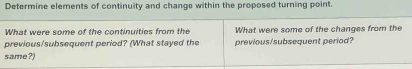 Determine elements of continuity and change within the proposed turning point. 
What were some of the continuities from the What were some of the changes from the 
previous/subsequent period? (What stayed the previous/subsequent period? 
same?)