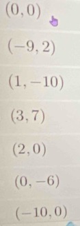 (0,0)
(-9,2)
(1,-10)
(3,7)
(2,0)
(0,-6)
(-10,0)