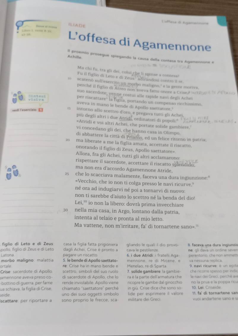 ftera de Agana
I L LAD E
houe sl treme
Libow 3. verss & 23
4? 56
L’offesa di Agamennone
Achille.
Il proemio prosegue spiegando la causa della contesa tra Agamennona e
Ma chi fu, tra gli dei, colui che li spinse a contesa?
Fu il figlio di Leto e di Zeus:' adirandosi contro il re,
1 scatenó sull'esercito un morbo maligno,' e la gente moriva.
perché il figlio di Atreo non aveva fatto onore a Crisea 
suo sacerdote; venne costui alle rapide navi degli Achei
Sintesi
viaiva
per riscattare` la figiia, portando un compenso ricchissimo,
aveva in mano le bende di Apollo saettatore."
vedi l'esercizia
15 intorno allo scettro d'oro, e pregava tutti gli Achei.
_più degli altri i due Atridi, ordinatori di popoli
_«Atridi e voi altri Achei, che portate solide gambiere.’
_vi concedano gli dei, che hanno casa in Olimpo.
_di abbattere la città di Priamo, ed un felice ritorno in patria;
__20  ma liberate a me la figlia amata, accettate il riscatto,
onorando il figlio di Zeus, Apollo saettatore».
Allora, fra gli Achei, tutti gli altri acclamarono:
rispettare il sacerdote, accettare il riscatto splendido;
ma non era d'accordo Agamennone Atride,
25 che lo scacciava malamente, faceva una dura ingiunzione:"
«Vecchio, che io non ti colga presso le navi ricurve,”
_
_né ora ad indugiarvi né poi a tornarvi di nuovo:
_
non ti sarebbe d’aiuto lo scettro né la benda del dio!
_Lei,¹º io non la libero: dovrà prima invecchiare
_30 nella mia casa, in Argo, lontano dalla patria,
_intenta al telaio e pronta al mio letto.
_Ma vattene, non m'irritare, fa' di tornartene sano».''
figlio di Leto e di Zeus casa la figlia fatta prigioniera gliando le quali il dio provo- 8. faceva una dura ingiunzio
pollo, figlio di Zeus e di Leto dagli Achei, Crise é pronto a cava le pestilenze.  ne : li dava un ordine seven 
Latona pagare un riscatto. 6. i due Atridi i fratelli Aga- perentorio, che non ammett
morbo maligno malattia 5. le bende di Apollo saettato- mennone, re di Micene, e va nessuna replica.
ortale. re Crise ha in mano bende e Menelao, re di Sparta  9 navi ricurver é un epita
Crise: sacerdote di Apollo scettro, simboli del suo ruolo 7. solide gambiere: la gambie- che ricorre spesso per indic
amennone aveva preso co- di sacerdote di Apollo, che lo ra è la parte dell'armatura che le navi dei Greci, perché av
bottino di guerra, per farne rende inviolabile. Apollo viene ricopre le gambe dal ginocchio no la prua e la poppa ricu
ua schiava, la figlia di Crise, chiamato "saettatore" perché in giû. Crise dice che sono so- 10. Lei: Criseide.
seide uno dei suoi oggetti simbolo lide per esprimere il valore 11. fa' di tornartene san
İscattare: per riportare a sono proprio le frecce, sca- militare dei Greci.  vuoi andartene sa o